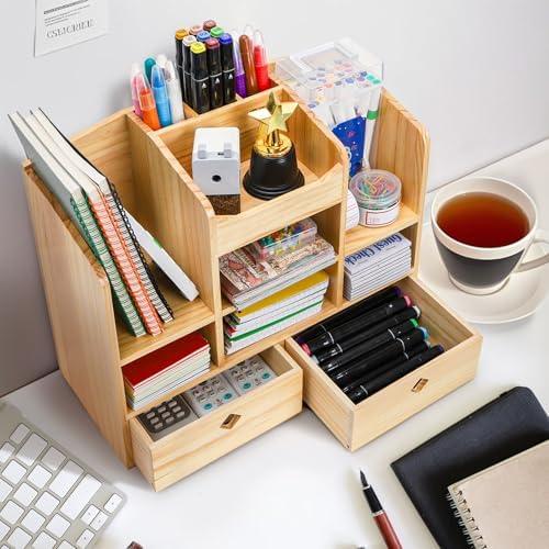 Wooden Desk Organizer with Drawers, 10 Compartments - Image 6