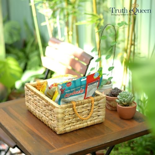 Small Woven Storage Basket with Macrame Handle, 12x9x5 Water Hyacinth Wicker Basket for Blankets, Rectangular Seagrass Basket for Shelf, Bathroom, Nursery, Handwoven Natural Organizer - Image 6