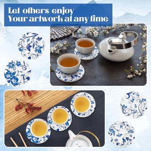 Reallnaive 45 Pcs Blue Flower Wooden Coasters Painting Kit, 4 Inch Paint Your Own Boho Coasters with Markers, Arts and Crafts for Adults Women Seniors Elderly Crafters Gifts - Image 6