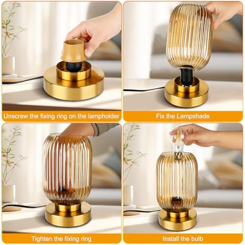 Mid Century Modern Table Lamp with Amber Ribbed Glass Shade,Touch Control & 3 Way Dimmable,Small Gold, Vintage Bedside Lamp for Bedroom, Living Room,Office (Bulb Included) - Image 7