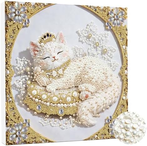 DIY Pearl Art Painting with Frame Creative Pattern Design Festival Stress-Relieving Home Wall Decoration 9.8X9.8in Tool Included-Cat by Artiphile