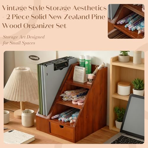 Vintage Wooden Desk Organizer Set of 2 - Wood Desktop File Holder & Shelf with Drawer - Rustic Office Storage for Books, Folders, Mail & Supplies - Matching Organizer for Home Office Desk - Image 3