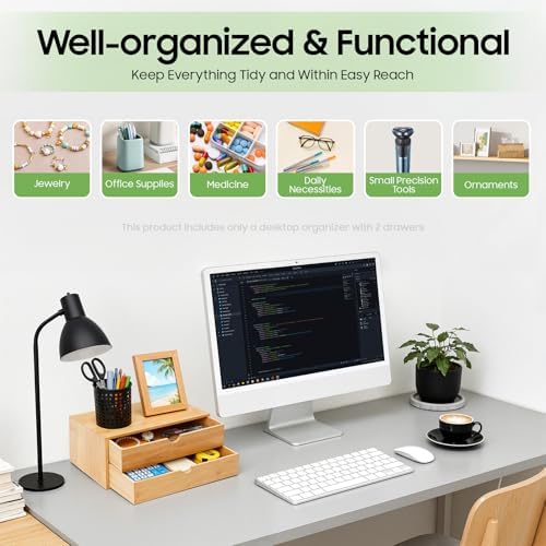 Bamboo Desk Organizer with 2 Drawers, Natural Wood Tabletop Storage Box | No-Assembly Countertop Drawer for Office Home Makeup Jewelry Stationery - Image 5