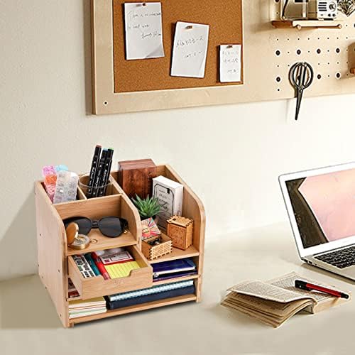Frcctre Bamboo Desktop Organizer with Drawer, 3 Tier Wooden Desk File Document Organizer with Pen Holder, Tabletop Stationery Storage Organizer Storage Rack for Desk Accessories, Office Supplies - Image 6