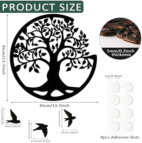 Tree of Life Wall Art 12 Inch Wooden Family Tree Wall Decor with 3 Birds - Image 6