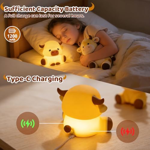Cute Highland Cow Rechargeable Night Light, LED Touch Silicone Lamp for Bedroom with 7 Colors Timer and Dimmable Squishy Warm Night Lights, Novelty Animal Lamp for Nursery Birthday Gift - Image 3