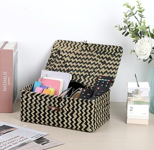 Hipiwe Seagrass Storage Basket Box with Lid Handwoven Wicker Bins for Shelf - Image 3