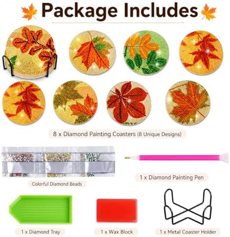 Demonwer 8 Pieces Vintage Fall Maple Leaves Diamond Art Coasters with Holder DIY Fall Maple Leaves Diamond Art Coasters Acrylic Round Cup Coaster for Adults - Image 2