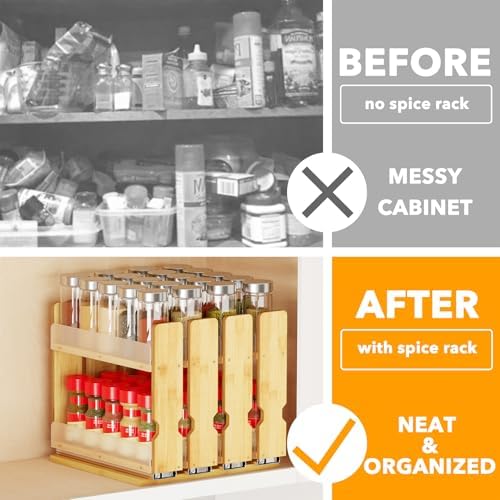 SpaceAid Bamboo Pull Out Spice Rack Organizer for Cabinet, Heavy Duty Slide Out Seasoning Kitchen Pantry Sliding Vertical Organization, 10.1" Wide, 4 Drawers(2" Wide), 2-Tier, Natural - Image 2