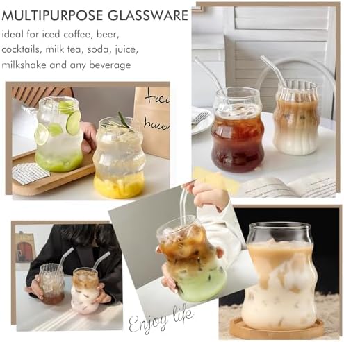 Ribbed Glass Cups Set of 4: 18OZ Vintage Aesthetic Iced Coffee Glasses with Straws, Cute Drinking Glasses with Wave Shape Design, Matcha Glass Cup Bubble Cups for Juice, Tea, Beverage, Gift - Image 7