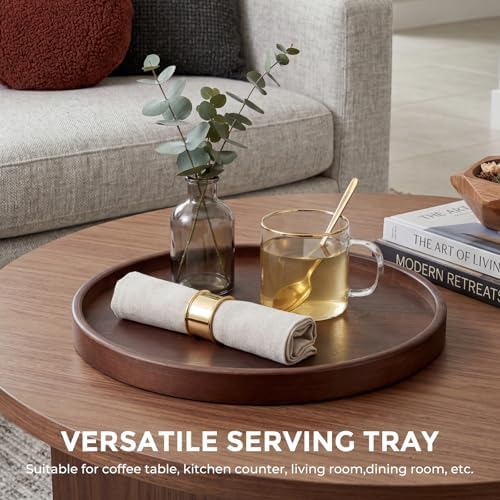 Round Bamboo Tray, 12 Inch Decorative Serving Tray with Walnut Finish Coffee Table Tray, Natural Bamboo Ottoman Tray for Vanity, Snacks, Vanity, Entryway & Home Decor - Image 6