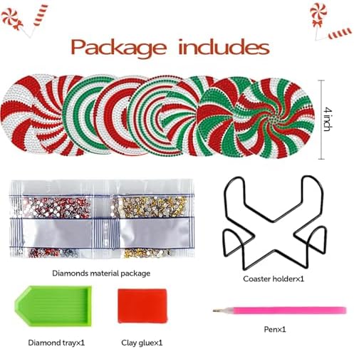 8 Pieces Christmas Candy Diamond Coasters with Holder 5D DIY Christmas Candy Art Coasters for Drinks Diamond Arts Kits for Xmas - Image 2
