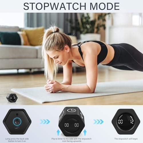 Rotating Productivity Timer 5, 25, 10 30,60 Mins Preset Stopwatch, Desk Flip ProductivityTimer, ADHD Tool Hexagon, Vibration/Mute/Alarm, for Work, Study, Back to School, Kitchen, Black - Image 5