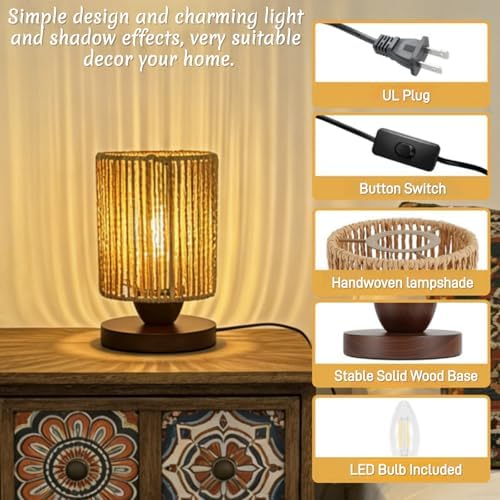 Small Rattan Lamp,Boho Desk Lamp for Living Room,Handmade Farmhouse Woven Bamboo Bedside Lamps for Bedroom,Vintage Wicker Wooden Nightstand Nihgt Light Lamps for Home Decor Gifts for Women Girls - Image 3