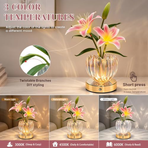 Flower Table Lamp, 3 Color Lily Night Light, Rechargeable Cordless Touch Dimming Artificial Flower Light, LED Flower with Glass Vase Lamp for Girls Women Mom (Pink Lily) - Image 3
