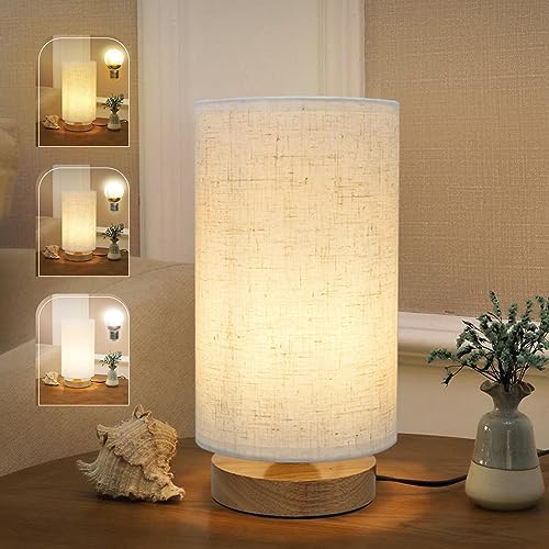 Minimalist Dimmable Nightstand Lamp with Round Fabric Linen Shade, 3 Color Temperatures, Desk & Bedside Lamp for Study, Living Room, Bedroom, Office, Dorm by SEENSINY