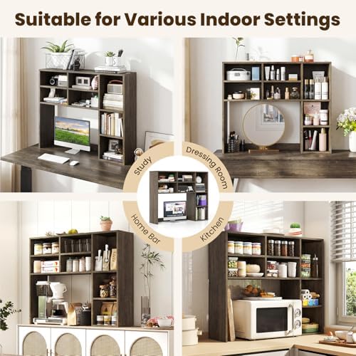 Giantex Desktop Bookshelf, Desk Hutch Dorm w/ 7 Cubes & 3 Adjustable Shelves, Desk Shelf for Up to 27" Computer Monitors, Wooden Desktop Storage Organizer for Dorm College Office Home (Grey Oak) - Image 6
