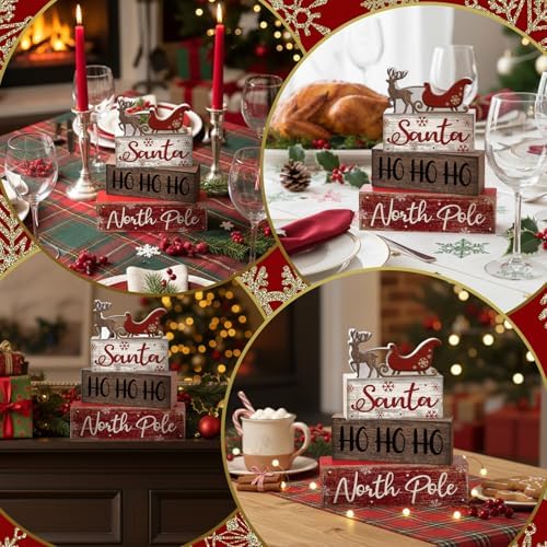 Moucuny 4 Pcs Christmas Wooden Block Signs Santa Reindeer Farmhouse Decor - Image 5