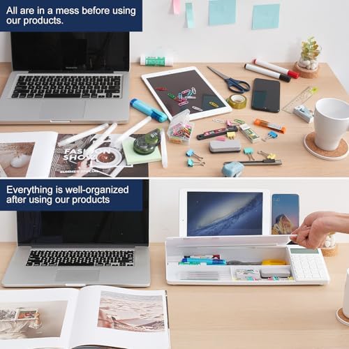Small Glass Desktop Whiteboard Dry-Erase-Board - Computer Keyboard Stand with Calculator White Board Surface Pad with Drawer, Desk Organizers with Accessories for Office, Home, School Supplies - White - Image 3
