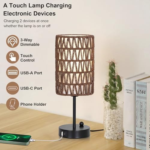 Bedside Lamps Set of 2, Touch Control Night Stand Lamp for Bedroom with Rattan & Linen Shade & Bulbs, 3 Way Dimmable Small Boho Table Lamps with USB Charging Port & Phone Stand (Coffee Color) - Image 3