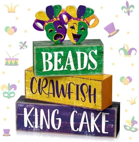 Moucuny 4 Pcs Mardi Gras Wooden Block Signs Farmhouse Table Decoration by Moucuny