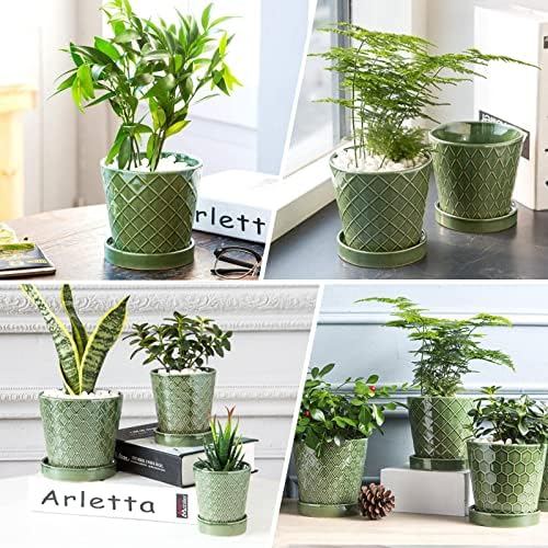 EFISPSS Flower Planter –5 inch Ceramic Plant Pots with Drainage Hole and Ceramic Tray - Gardening Home Desktop Office Windowsill Decoration Gift Set of 4 - Plants NOT Included - Image 5