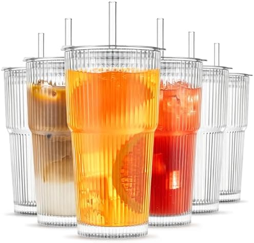 INSETLAN 6-Piece Glassware Set – 20 oz Ribbed Glass Tumblers with Lids and Glass Straws, Heavy-Duty Tumblers, Ideal for Iced Coffee, Smoothies, Cocktails, and Juices – Elegant and Durable Drinkware by INSETLAN