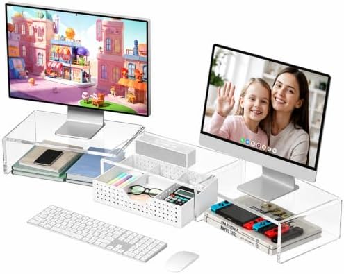 OPNICE Clear Acrylic Desk Organizers and Accessories, Dual Monitor Stand Riser with Drawer and 2 Pen Holders, Desk Shelf Printer Stand for Office Workspace Organizers, Desktop Organization (Transparent) by OPNICE