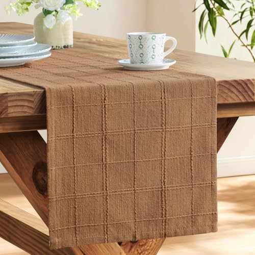 ZeeMart Linen Checked Farmhouse Table Runner, 13x36 Inches Caramel - Image 4
