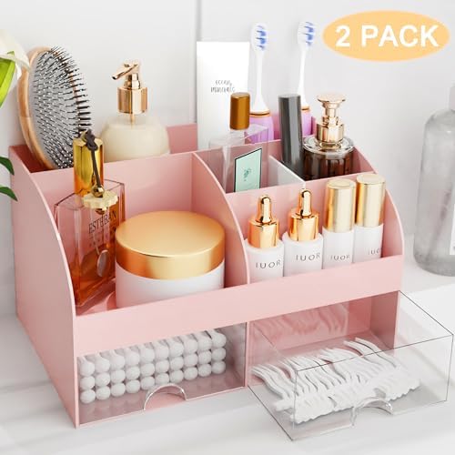 Makeup Organizer with Drawers, Cosmetic Storage for Dresser Vanity and Bathroom Countertop, Beauty Holder for Lipstick Brush, Skincare Organizer for Vanity, Cosmetic Display Case (Pink-2Pack) - Image 2