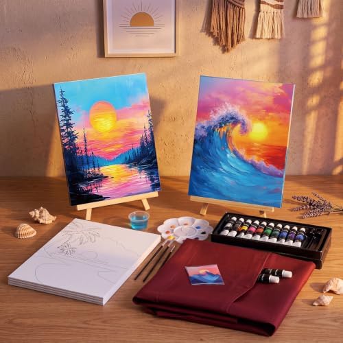Cholemy 6 Set Paint and Sip Kit for Adults 8"x 10" Pre Drawn Canvas Painting with Wooden Easel Acrylic Paint Wash Cup Brushes Palette Apron for Painting DIY Adult's Date Party Supplies(Sunset Glow) - Image 2