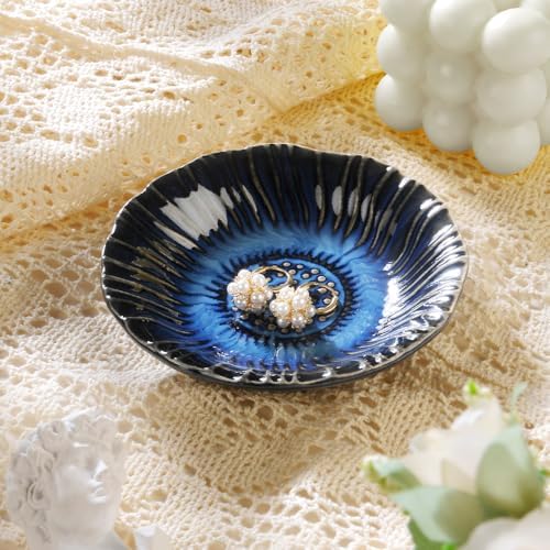 JAMEND CLXP Sunflower Ring Tray Cute Paper Clips Candy Dish Ashtray in Office, Decorative Trinket Jewelry Holder for Necklace Earrings Put On Bathroom/Kitchen Counters, Ceramic, Deep Blue. by JAMEND+CLXP