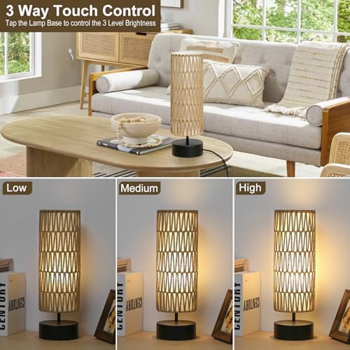Rattan Table Lamp, Touch Control Bedside Table Lamp with Black Base, 3 Way Dimmable Nightstand Lamp with Dual-layer Shade, Boho Night Light for Bedroom Living Room Home Office, 9W LED Bulb Included - Image 3