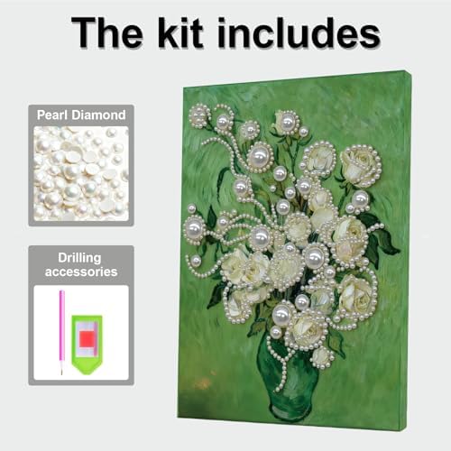 DIY Pearl Painting with Frame, Creative Design, Handmade Stress-Relieving Home Wall Decoration, Includes Frame and Tools-White Rose - Image 7