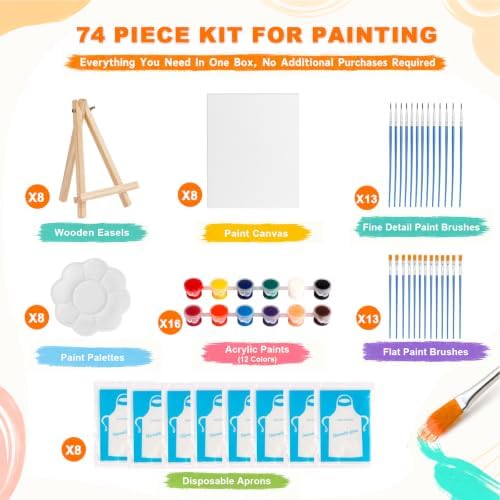 8 Pack 8 * 10In Canvas Boards for Painting,Art Canvas for Drawing with 26 Brushes &8 Aprons 8 Paint Trays & 16 Acrylic Paint, Mini Painting with Easel Set, Painting Kits for Adults Party - Image 2