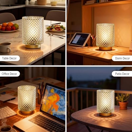 Battery Operated Lamp,Cordless Glass Accent Table Lamp with Timer for Bedside,Small Decorative Lamp with Warm White LED Bulb for Nightstand/Bookshelf/Entryway/Tabletop/Counter Decor(Iridescent Clear) - Image 6