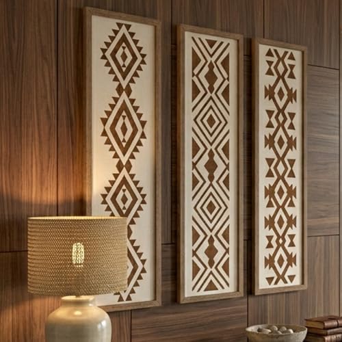 X DELUXE Minimalist Aztec Wood Wall Decor Set of 3 Geometric Scandinavian Boho Hanging Panels for Living Room Bedroom Hallway Office Modern Tribal MDF Wall Art Vertical Decorative Interior Accent - Image 3
