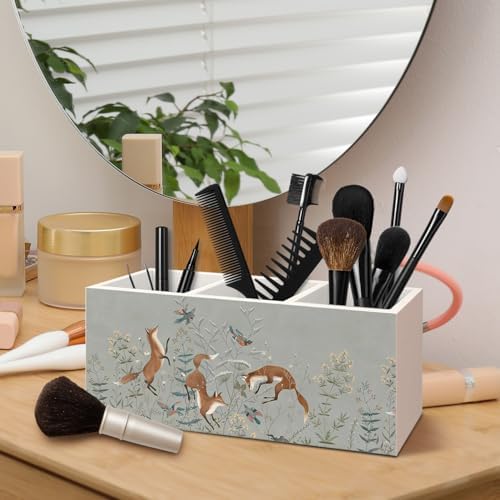 Vintage Fox Wooden Pen Pencil Holder for Desk Accessories, Fox Gifts for Women, Woodland Foxes and Birds Floral Botanical Wood Makeup Brush Toothbrush Holder Organizer for Vanity Bathroom - Image 4