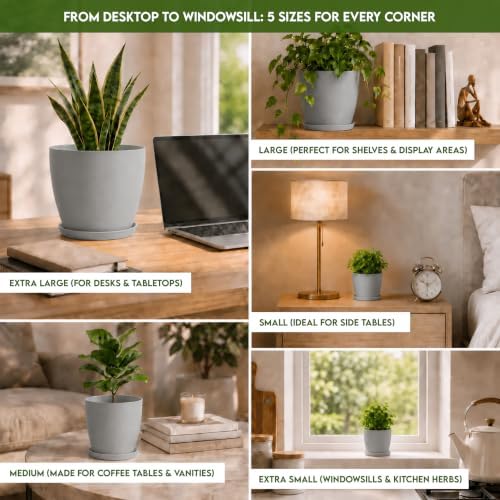 Plant Pots Indoor with Drainage, 5 Pack Multi-Size Planters Set, Grey - Image 3