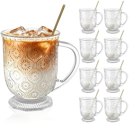 KEMORELA 16oz Vintage Glass Coffee Mugs Set,Large Tea Cups with Handle by KEMORELA