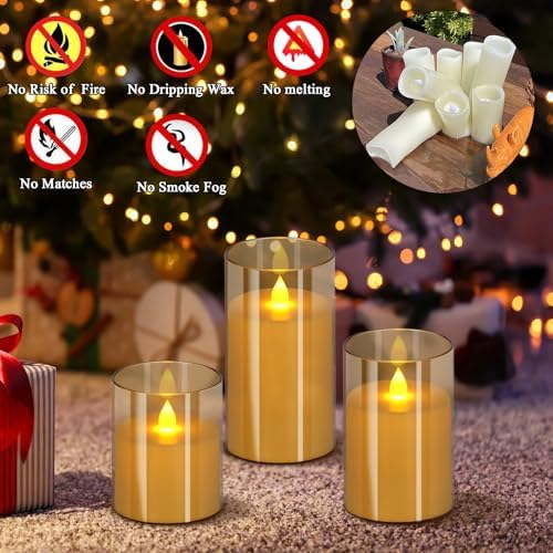 wemarry Flameless Candles 4" 5" 6" Acrylic Glass Pillars 3" Diameter Battery Operated Flickering Candles Include 8-Key Remote with Timer Function 400+ Hours (Amber, Warm Light 9 Pack) - Image 2