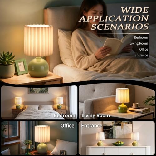 Ziqqeelam Green Small Table Lamp with Scalloped Linen Shade, Mini Green Table Lamp for Bedroom Nightstand, Cute Desk Night Light for Living Room, Bookshelf, Kitchen Counter, Kids Room, Office - Image 4