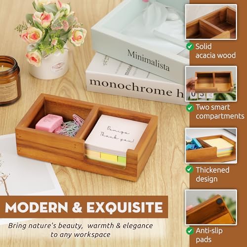 Demigo Acacia Wood Sticky Note Holder, 3x3 in Note Organizer, 2-Compartment - Image 3