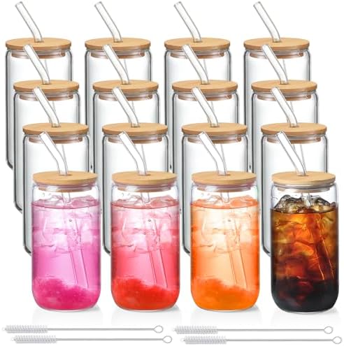 16 Pack Glass Cups with Lids and Straws 16 oz, Personalized Customizable Glasses for Gift, Business, Drinking glasses set, Iced Coffee Cup, Cute Aesthetics Tumbler for Tea, Homemade Drinks by NETANY