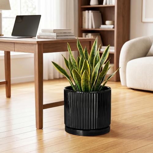 10 Inch Flower Pot, Ceramic Planter, Round Plant Pots, Black - Image 3