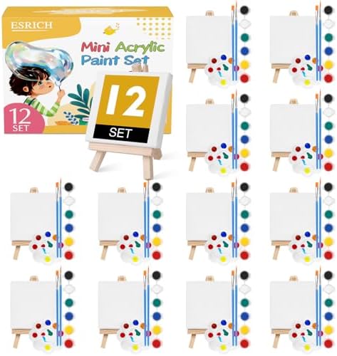 ESRICH 12 Set Mini Acrylic Paint Kit, Mini Stretched Canvas with Easel by ESRICH