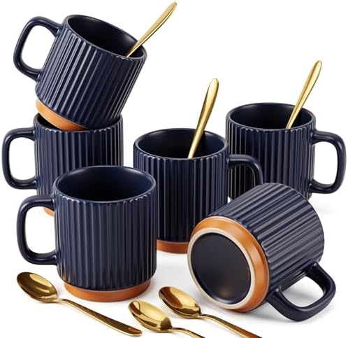 6 Set 8.8 oz Ceramic Coffee Mugs with Gold Spoons, Dark Blue by Ferrochef