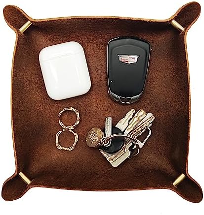 Leather Valet Tray Entryway Catchcall Tray Nightstand Organizer Storage for Wallets Watches Keys Holder Dish Bowl Coins Office Desk Accessory (Antique Brown-Oil Wax Leather). by MakeYourHomeBetter