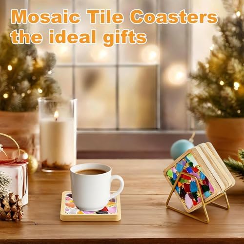 Karidge 5 Sets DIY Mosaic Kit, Mosaic Tiles for Crafts, Mixed Color Stained Glass with Wooden Coaster for Adults Women, Complete Mosaic Coaster Kit for Handmade Holiday Home Decoration Gifts - Image 4