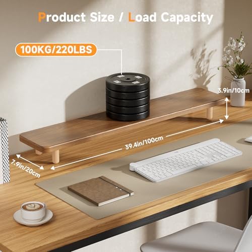 Dual Monitor Stand Riser, 39 Inch Extra Long Wooden Desktop Monitor Riser with Storage for 2 Monitors Ultra Strong Desk Shelf Organizer Riser Ergonomic for 2 Screens/Laptop/PC/TV/Printer (Walut brown, 39inches) - Image 4